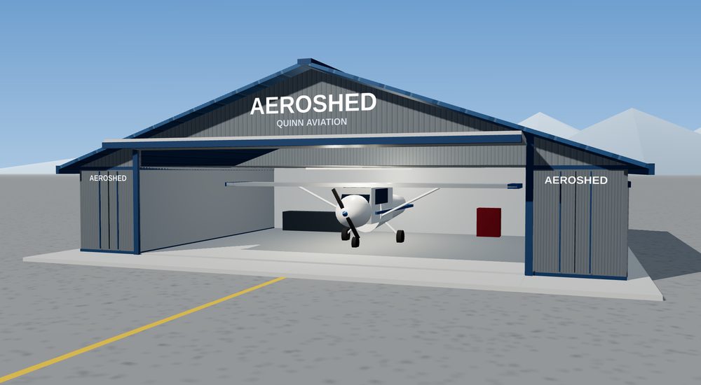 Concept rendering of a Utility AeroShed with the hangar door open and a high-wing aircraft inside.