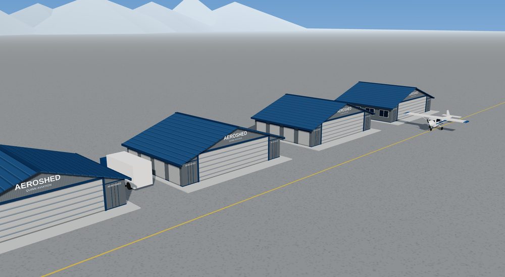 Concept rendering of four Utility AeroSheds in a row along an airfield taxi line, with an aircraft parked at one.