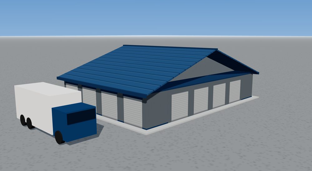 Concept rendering of the side and back of a Utility AeroShed, with a row of roll-up unit doors and a moving truck parked alongside.