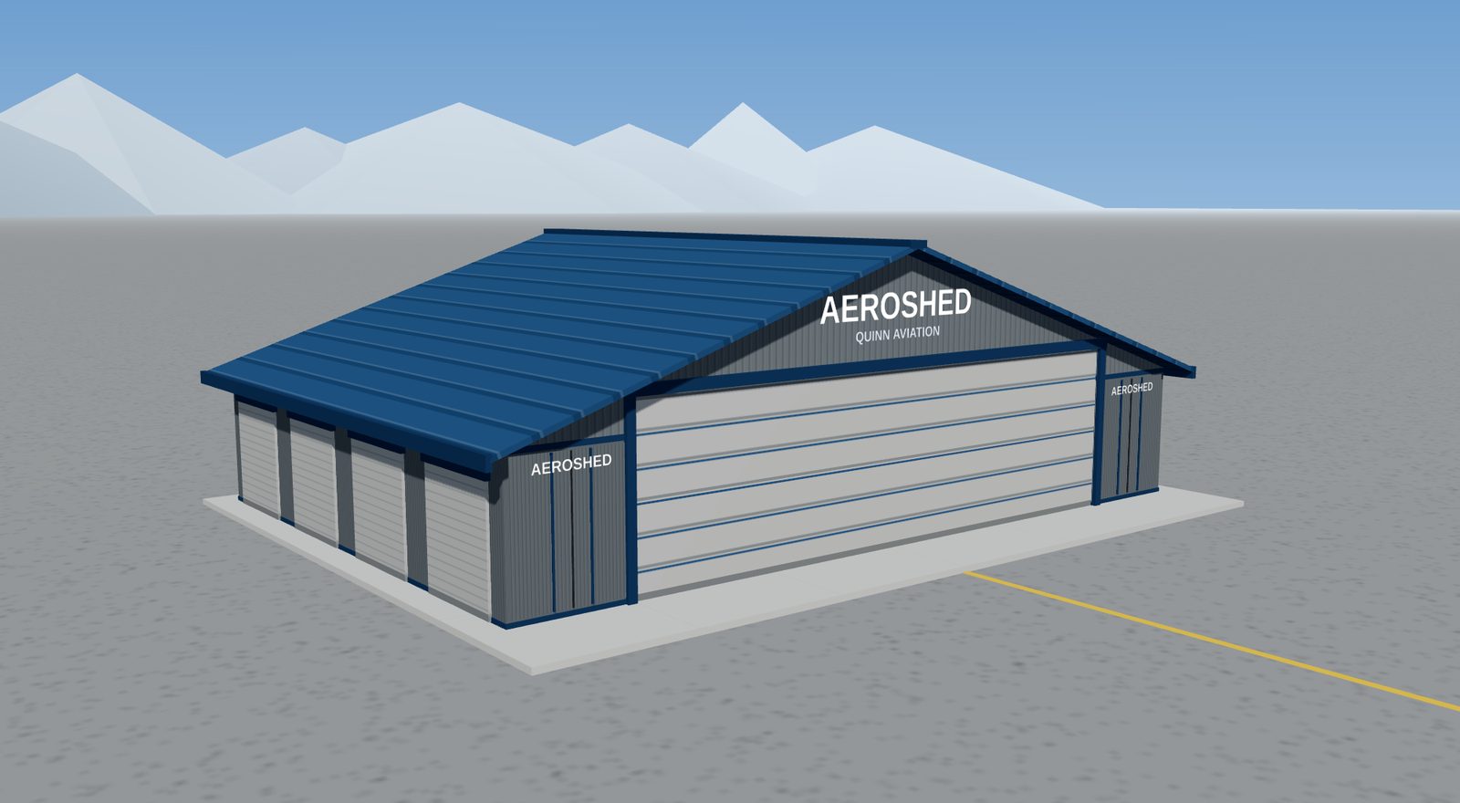 Concept rendering of a Utility AeroShed: a blue-roofed hangar with a wide main door and rentable units down the side.